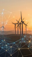 Wind turbines on hills at sunset with digital network overlay representing smart grid technology and renewable energy innovation for sustainable power generation.