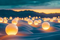 Glowing spheres illuminate snowy hills against mountain silhouettes at dusk, creating magical winter atmosphere with warm orange lights contrasting deep turquoise sky.