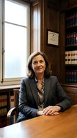 Female attorney in professional office setting with law books and diploma on wooden shelves, seated at desk near window, wearing business blazer and patterned blouse, suitable for legal services, corporate, and professional business concepts.