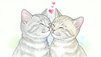 Two adorable kittens nuzzling affectionately with pink hearts, watercolor style illustration on white background for romantic pet designs and greeting cards.