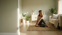 Young woman practicing yoga meditation in bright modern living room with natural sunlight and houseplants creating peaceful wellness atmosphere.