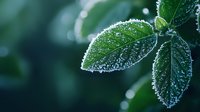 Fresh green leaves covered in morning frost and dew drops against dark background, macro nature photography showing delicate crystalline patterns on foliage.