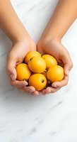 Hands holding fresh yellow loquats on white marble background, ideal for organic produce, healthy eating, and food marketing campaigns.