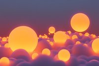Glowing orange spheres floating above pink clouds create dreamy surreal atmosphere with soft bokeh effect and warm sunset colors. For fantasy backgrounds.