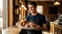 Young male baker with dark hair and light complexion, wearing black apron, proudly displaying freshly baked croissants and cinnamon rolls on white plate in warm, rustic bakery interior with brick walls and wooden shelving.