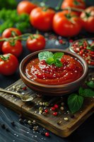 Fresh homemade tomato sauce in rustic ceramic bowl garnished with basil and sea salt, served with fresh tomatoes and colorful peppercorns on dark wooden board, perfect for restaurant menu or cookbook.