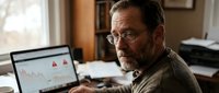 Mature businessman with glasses analyzing financial data on laptop in modern office workspace for professional consulting and business strategy planning.