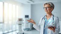 Senior female doctor with gray hair and glasses presenting in modern hospital room with tablet, professional healthcare consultation and medical expertise.