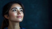Young Asian woman with glowing skin looking up dreamily against dark blue background, side profile portrait showcasing natural beauty and hopeful expression.