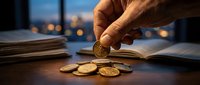 Hand placing golden coin on wooden desk with stacked coins and documents in warm office lighting for financial planning and investment concepts.