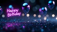 Glowing neon happy birthday sign with purple and blue bokeh lights on dark background creates magical festive atmosphere for celebration designs.