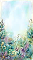 Ornate floral border with gold accents and watercolor gradient background in turquoise, purple, and cream tones. Decorative botanical frame with stylized leaves and flowers isolated on white, ready for invitations, greeting cards, and design projects.
