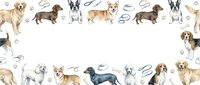 Dog breeds border frame with leashes and paw prints on white background. Various purebred dogs including golden retriever, dachshund, beagle, corgi creating decorative pet frame.