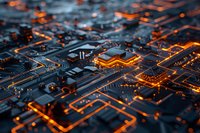 Glowing orange circuit paths on dark microchip surface create futuristic technology pattern with depth of field effect, highlighting electronic connectivity and innovation.