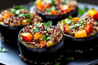 Stuffed eggplant halves with quinoa, colorful bell peppers and fresh herbs served on dark plate, close up view with selective focus on vegetarian meal.