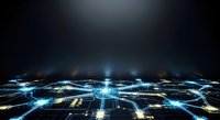 Digital network grid with glowing blue and golden light nodes connected by illuminated lines, representing data flow, technology infrastructure, and global connectivity for web design and tech concepts.