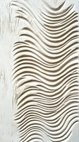 Abstract wavy lines carved in white plaster creating dynamic relief pattern with light and shadow play. Minimalist architectural detail for modern interior design.