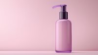 Pink cosmetic bottle with black pump dispenser on soft pink background, minimalist beauty product packaging for skincare, soap, or lotion presentation.
