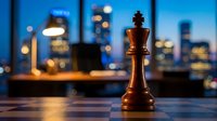 King chess piece standing on board with blurred city skyline at dusk, symbolizing strategy, leadership, and business success for corporate concepts.