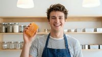 Young male baker or pastry chef with light skin tone and brown hair, wearing striped shirt and blue apron, holding fresh croissant in modern kitchen with wooden shelves and glass jars.