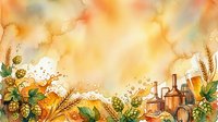 Autumn harvest festival background with pumpkins, wheat, hops and beer bottles in warm watercolor style for seasonal celebrations and oktoberfest designs.