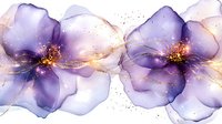 Delicate purple watercolor flowers with gold sparkles and translucent petals create an elegant floral border pattern. Seamless design for luxury stationery and decor.