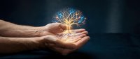 Hands holding glowing tree with golden and blue light branches against dark background, symbolizing growth, energy, and innovation for business concepts.