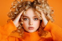 Young Caucasian woman with curly blonde hair and blue eyes wearing orange sweater poses against vibrant orange background, hands in hair, natural makeup look.