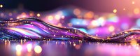 Flowing waves of light with purple and blue neon colors against dark background, glowing bokeh effect creates magical atmosphere for abstract design backgrounds.