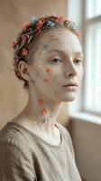 Young woman with artistic floral face paint and flower crown in natural light for creative beauty and fantasy makeup concepts.