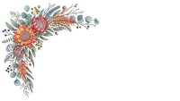 Watercolor floral corner border with protea, eucalyptus and autumn leaves on white background for wedding invitations and greeting cards.