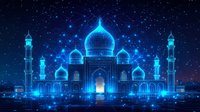 Glowing blue mosque with ornate domes and minarets against starry night sky, illuminated by magical light effects and sparkles creating mystical atmosphere.