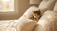 Tabby kitten resting among cream-colored pillows on a bed near a sunlit window, conveying comfort and coziness for home decor and pet-related content.