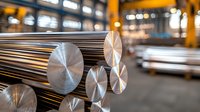 Polished metal rods and round end caps in industrial warehouse storage facility with selective focus on foreground materials and blurred background lighting.