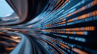 Abstract digital tunnel with binary code and data streams in blue and orange colors creating dynamic motion effect for technology backgrounds.