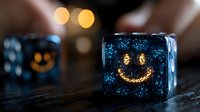 Glowing blue dice with happy smiley face design against dark background with bokeh lights creates magical gaming atmosphere. Perfect for entertainment concepts.