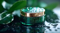 Luxury green cosmetic cream jar with water drops and pearls on dark background with bokeh effect and plant leaves, skincare product photography.