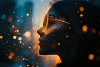 Silhouette of woman profile with glowing edge effect against dark background, surrounded by magical bokeh lights and sparkling particles in orange and blue tones.