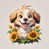 Cheerful cartoon puppy with floppy ears surrounded by bright sunflowers, smiling with tongue out. Cute pet portrait on neutral background for greeting cards.