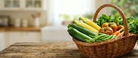 Fresh vegetables in wicker basket on wooden table with kitchen background. Organic produce including corn, cucumbers, tomatoes and leafy greens for cooking and healthy eating.