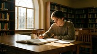 Young Asian male student studying in university library with books and notebooks on wooden table surrounded by bookshelves and natural window light.