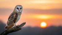 Barn owl perched on weathered branch against stunning golden sunset sky with warm orange and pink hues creating peaceful wildlife scene for nature photography.