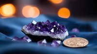 Raw amethyst crystal cluster on dark blue silk fabric with golden coin for size reference, illuminated by warm bokeh lights in background creating magical atmosphere.