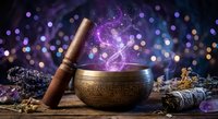 Mystical singing bowl with wooden mallet releasing purple energy smoke, surrounded by sage bundles and crystals on rustic wood surface for meditation.