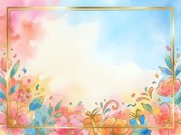 Watercolor floral frame with pastel pink, blue, and yellow flowers, gifts, and leaves on white background. Isolated design element for invitations, cards, and creative projects.