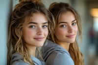 Young Caucasian women with natural makeup and messy bun hairstyles smiling at camera, wearing casual grey tops. Soft natural lighting creates warm atmosphere.