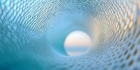Abstract tunnel view through metallic mesh or net structure with light at end, creating futuristic perspective in turquoise and white tones. Suitable for tech concepts.