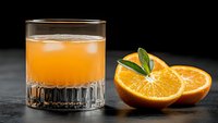 Fresh orange juice in crystal glass with ice cubes next to cut citrus fruit with green leaves on dark background, refreshing drink photography.