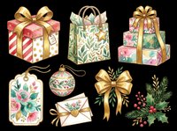 Festive gift boxes, shopping bags, ornaments, bows, gift tags, and holly sprigs isolated on transparent background, ready for holiday designs, t-shirt graphics, stickers, sublimation, print-on-demand products and seasonal crafts.