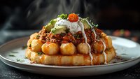 Crispy potato croquettes topped with spicy meat sauce, sour cream, fresh herbs, and cherry tomatoes on gray plate with steam rising in dark setting.